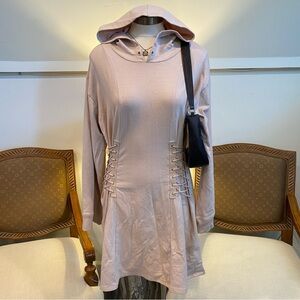 BP Light Pink Bondage Hoodie Dress with Lace-Up Sleeves, Cotton-Blend Grunge, SM